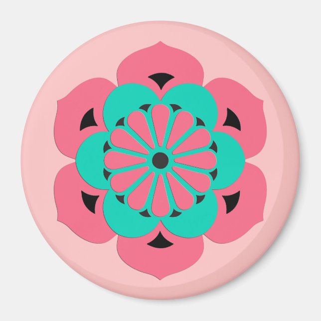 Íman Lotus Flower Mandala, Coral Rosa e Turquesa (Frente)