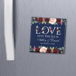 Íman Love Blue Burgundy Watercolor Floral Salvar a Data<br><div class="desc">Imã salve a data de Amor Floral com Bordo Azul de Aquarela - Quadrado</div>