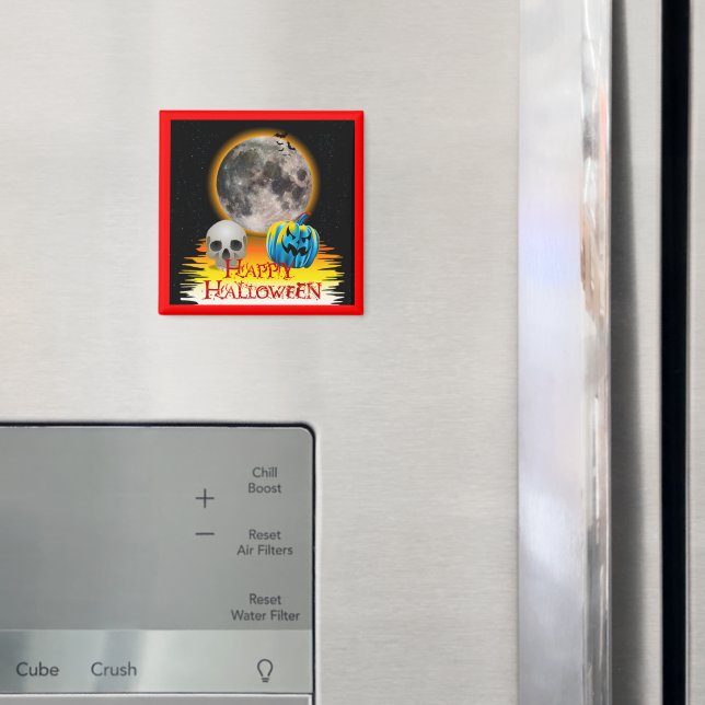 Íman Lua cheia, crânio e abóbora azul à noite. (In Situ (Fridge))