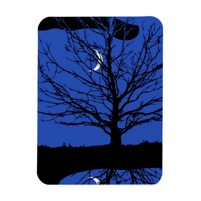 Íman Lua com árvore, azul cobalto, preto e branco (Vertical)