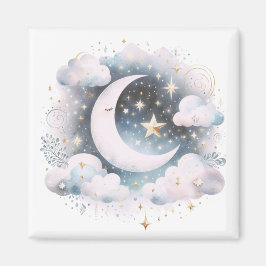 Íman Lua Crescente Azul e Branco Celestial Boho Moderno