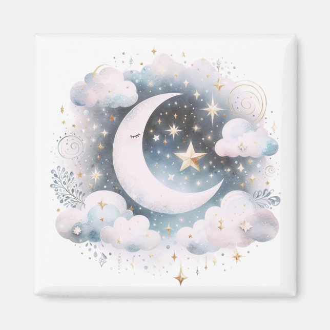 Íman Lua Crescente Azul e Branco Celestial Boho Moderno (Frente)