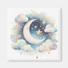 Íman Lua Crescente Azul e Branco Celestial Boho Moderno