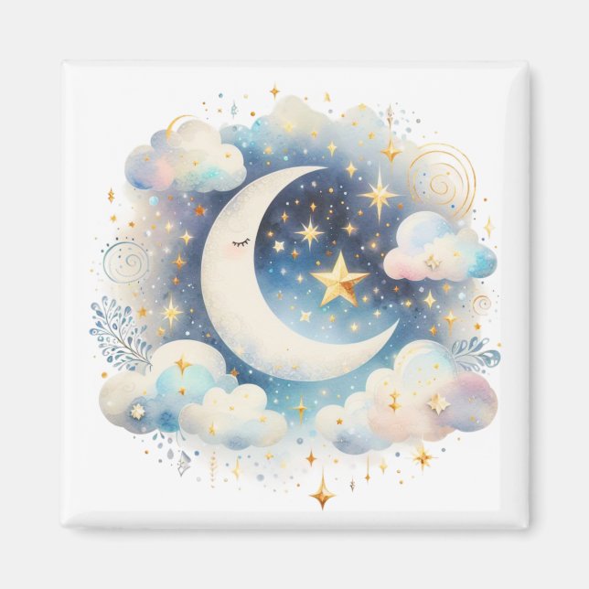 Íman Lua Crescente Azul e Branco Celestial Boho Moderno (Frente)