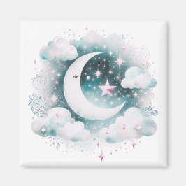 Íman Lua Crescente Azul e Branco Celestial Boho Moderno