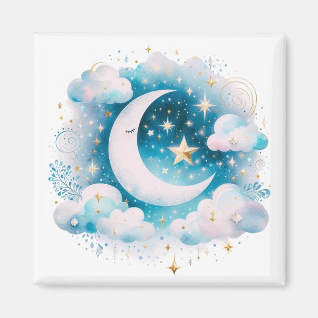 Íman Lua Crescente Azul e Branco Celestial Boho Moderno (Frente)