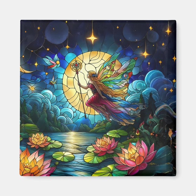 Íman Lua de Voo de Fada de Vidro Colorido (Frente)