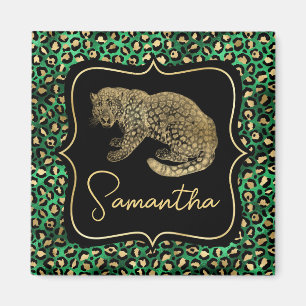 Íman Luxo Estampa De Leopardo Verde Dourado Monograma A