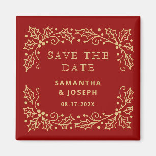 Íman Luxo Vermelho & Antigo Save the Date Dourado