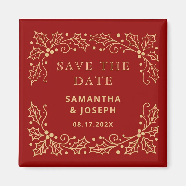 Íman Luxo Vermelho & Antigo Save the Date Dourado (Frente)