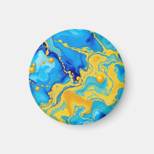 Íman Luxuoso Azul e Dourado Abstrato de Tinta Alcoólica