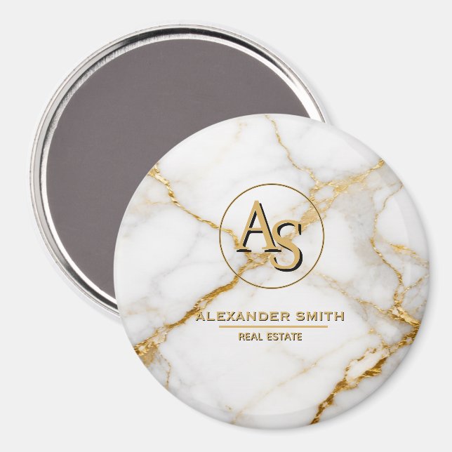 Íman Luxury White Marble Gold Monogram Real Estate  (Front/Back)