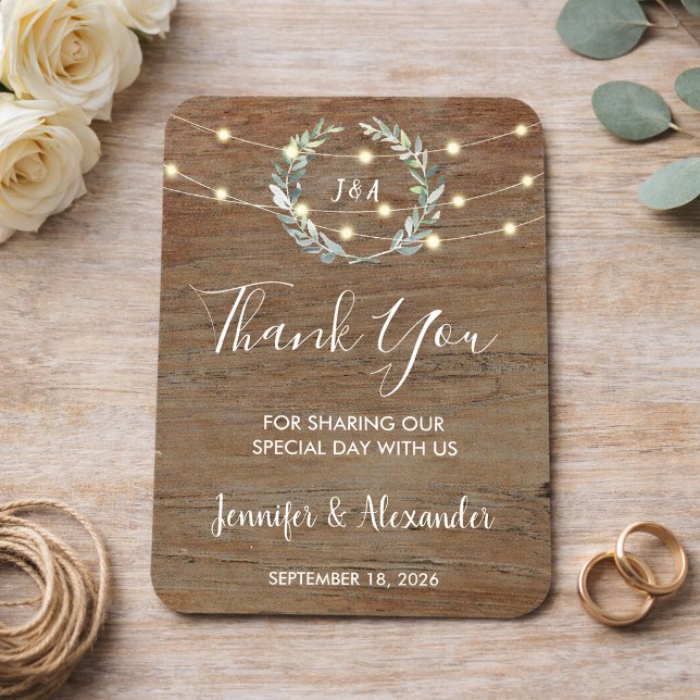 Íman Luzes de corda de madeira com folhas rústicas Obri (Rustic leaves wood string lights Thank you wedding Magnet. For your perfect rustic wedding.)