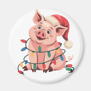Íman Luzes de Natal Porco Vestindo Chapéu Natal - Pig L