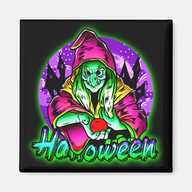 Íman Maçã de Chapéu Mágico de Bruxa Verde Spooky (Frente)