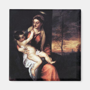 Íman Madonna e Criança Em Uma Paisagem À Noite - Titian