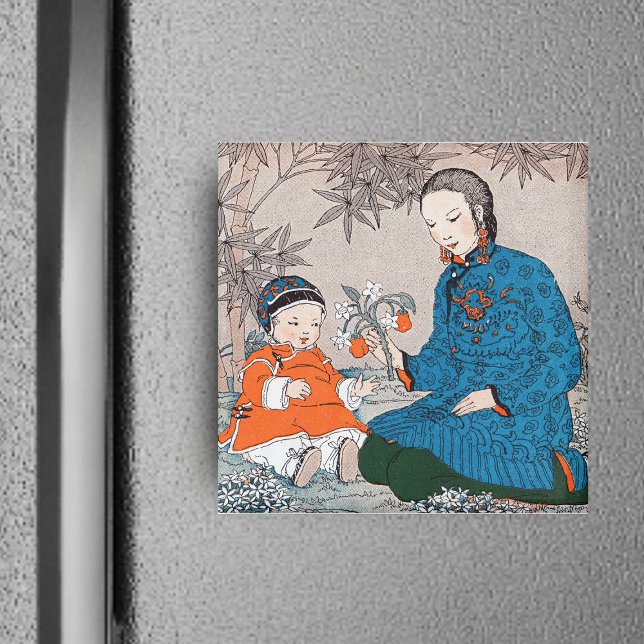 Íman Mãe Asiática e Magneta Bebê (Asian mother with baby sharing pretty orange and white flowers on square magnet.)