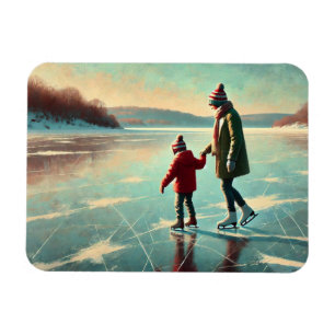 Íman Mãe e Criança Ice Patinando em um lago congelado