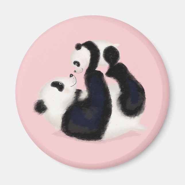 Íman Mãe panda e ímã redondo em cubo (rosa) (Frente)
