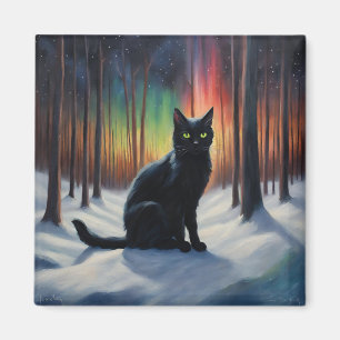 Íman Magia Lua: Um Gato Negro na Floresta Neve