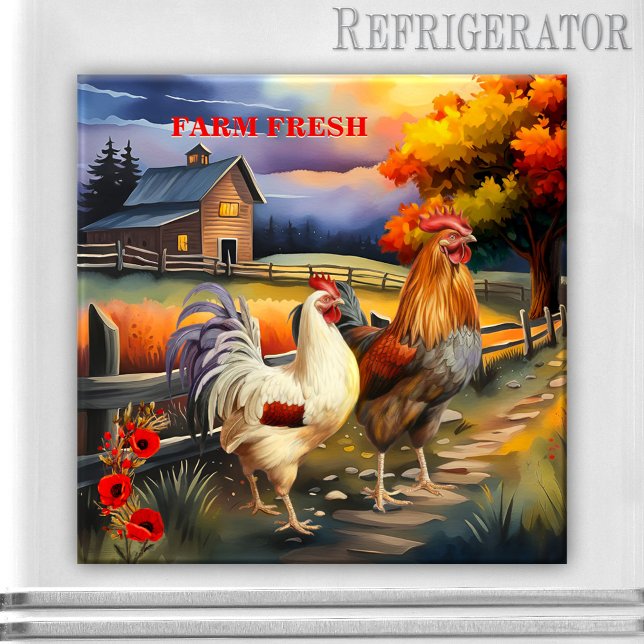 Íman Magnet da Cozinha de Fazenda de Galinha Rooster (Kitchen magnet featuring a colorful painting of a country farm scene with a rooster and chicken)