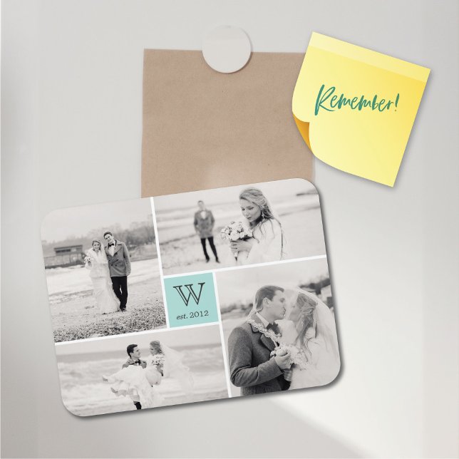 Íman Magnet de Colagem de Fotos do Monograma de Casamen (Modern Block Wedding Monogram 4 Photo Collage Flexible Magnet @ fat_fa_tin)