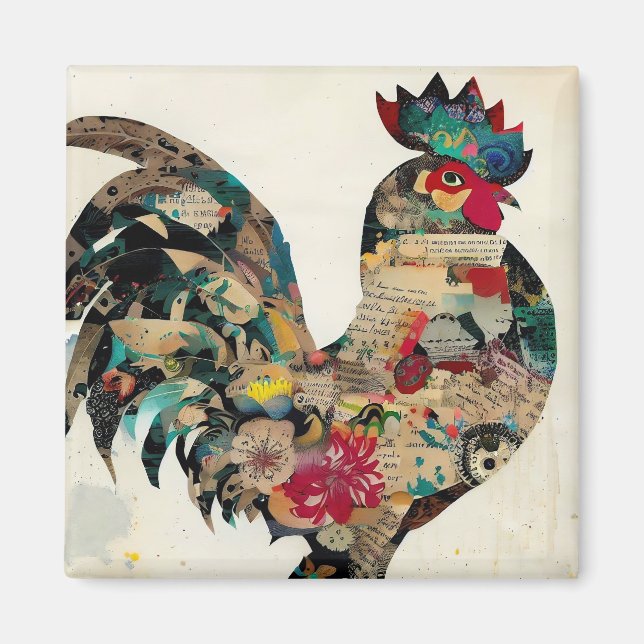 Íman Magnet de Colagem de Mídia Mista do Rooster (Frente)