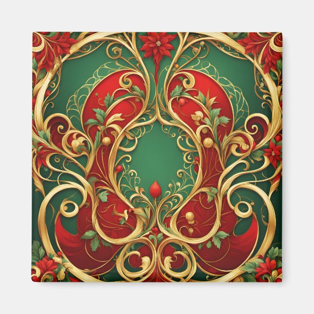 Íman Magnet de Natal Floral Verde Vermelho (Frente)