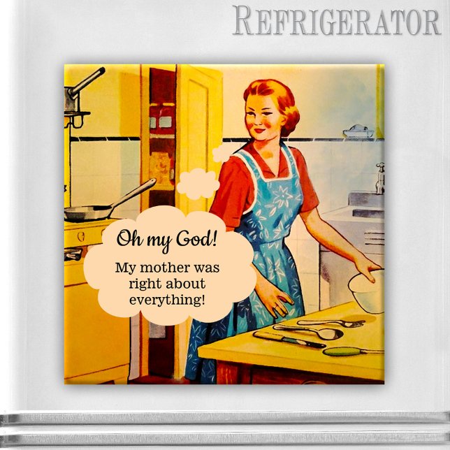 Íman Magnet de Vintage de Dia de as mães engraçado (Funny magnet featuring a vintage illustration of a woman in a kitchen)