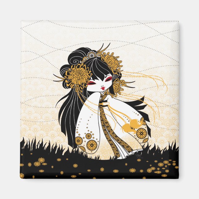 Íman Magnet déco cuisine kokeshi chrysanthème (Frente)