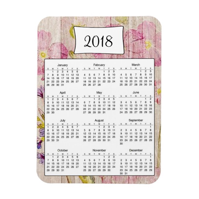 Íman Magnet do Calendário da Madeira Floral Rustic 2018 (Vertical)