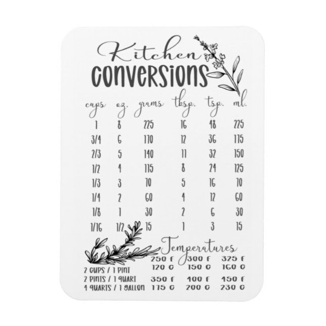 Íman Magnet do Gráfico de Conversões de Cozinha (Vertical)