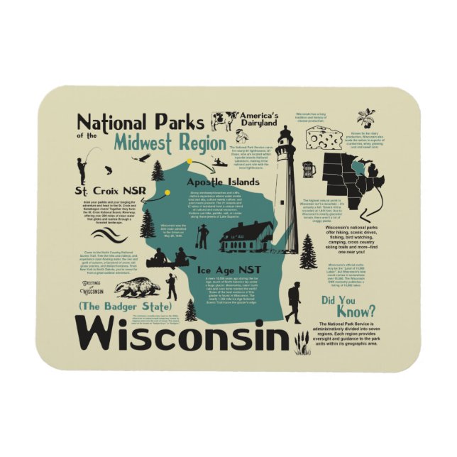 Íman Magnet do Mapa Nacional dos Parques do Wisconsin (Horizontal)