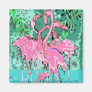 Íman Magnet - Relógio retroAbstrato de Flamingos Rosa