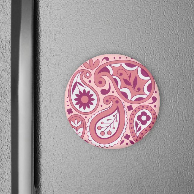 Íman Magnet Rosa Paisley (Pretty pink paisley design lace flowers on abstract round magnet.)