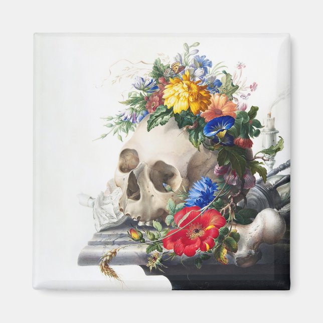 Íman Magnet with skull and flowers scene. (Frente)