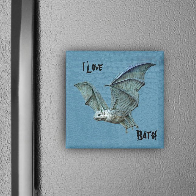 Íman Magneta Alivio Azul Voadora (I love Bats blue magnet with flying blue bat white face.)