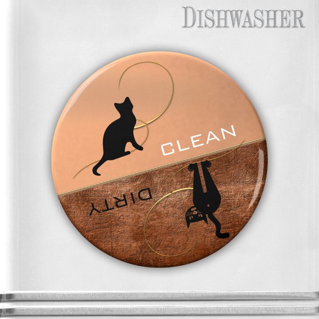 Íman Magneta da máquina de lavar louça com Gatinho sujo (Clean-dirty dishwasher magnet in rose gold metallic style with terra cotta and cute kitty silhouette)