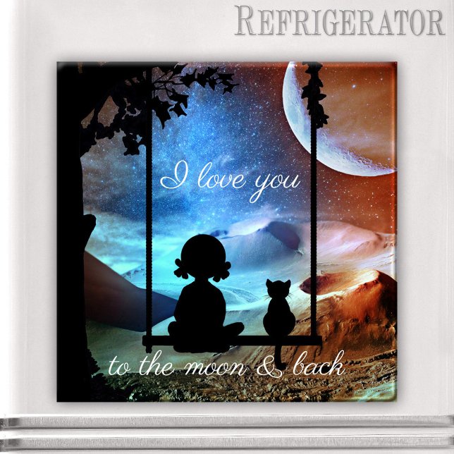 Íman Magneta de Amor à Lua do Gatinho Românico (Magnet featuring a little girl and her kitty on a swing overlooking a fantasy landscape with moon)