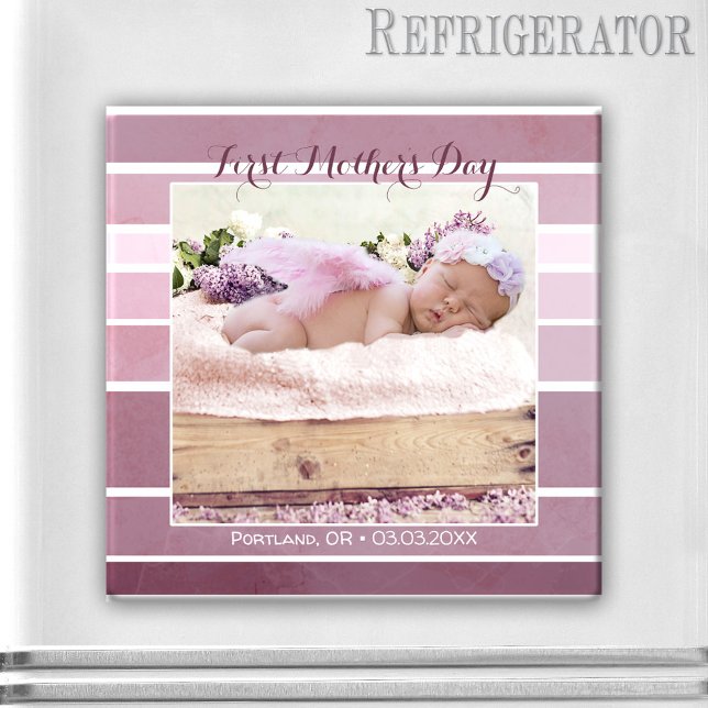 Íman Magneta de Fotografia do Bebê Striped Lilac do Pri (Photo magnet featuring your own photo framed by a mauve lilac striped design - Mother's Day gift)