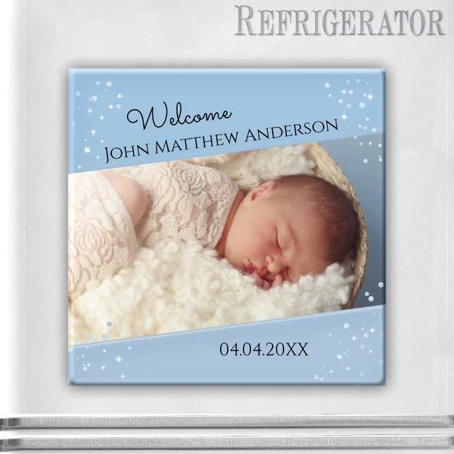 Íman Magneta de Fotografias Azuis com Dusty (Elegant photo frame magnet featuring your own baby photo framed by a dusty blue sparkly design)