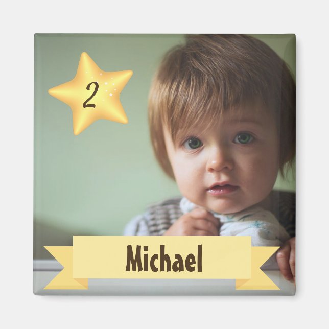 Íman Magneta de fotos personalizada com nome e idade da (Frente)