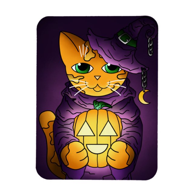 Íman Magneta de Gato de Bruxas do Halloween Roxo (Vertical)