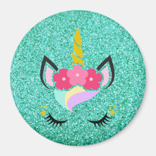 Íman Magneta de Glitter Teal Personalizada do Unicórnio