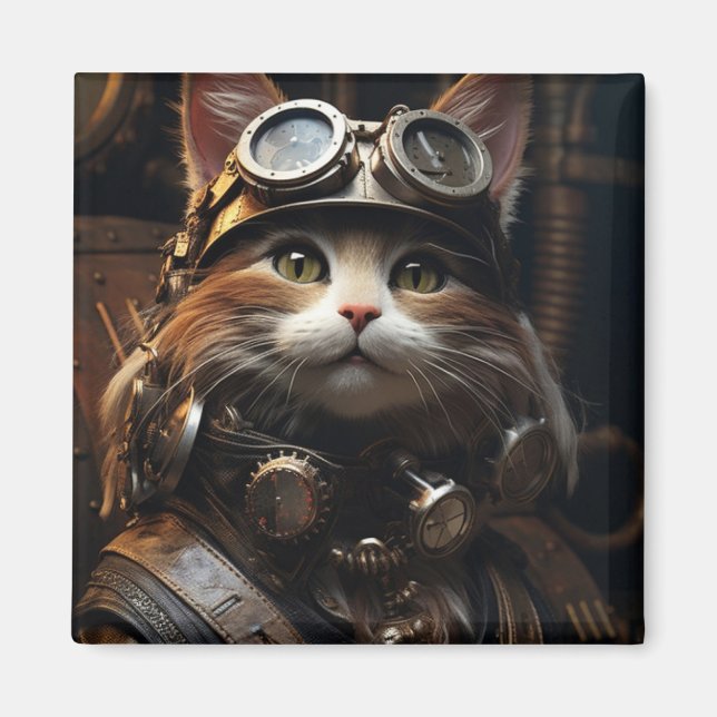 Íman Magneta de Ilustração de Gato Steampunk (Frente)