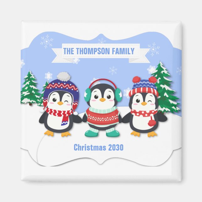 Íman Magneta de Natal de três pinguins, bonitinho perso (Frente)