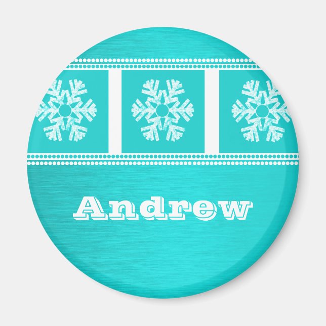 Íman Magneta de Natal Moderna, Flocos de Neve, Teal (Frente)