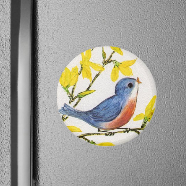 Íman Magneta de Pássaro Doce (Sweet little red and blue bird on branch singing with yellow flowers on faux textured white magnet.)