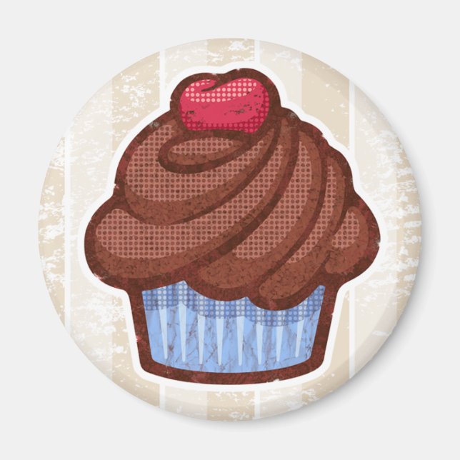 Íman Magneta do Cupcake retrô em azul e chocolate (Frente)