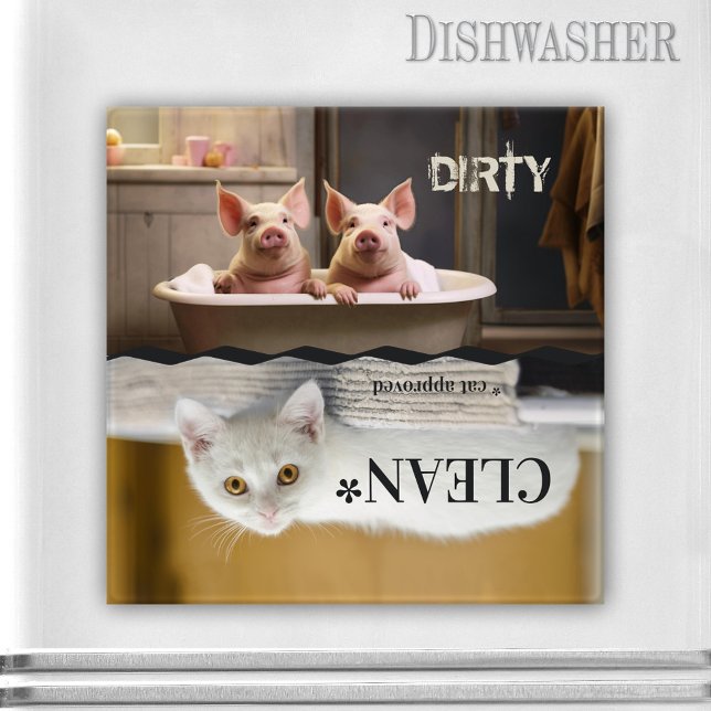 Íman Magneta Engraçada De Lavadora De Gato De Suíno (Farmhouse dishwasher magnet featuring funny pigs in the bathtub and an upside-down white kitty)